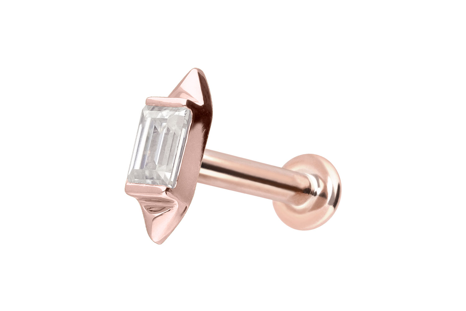 14 Karat Gold Labret Piercing mit Push Fit MOISSANIT-RECHTECK + 2 SPITZEN
